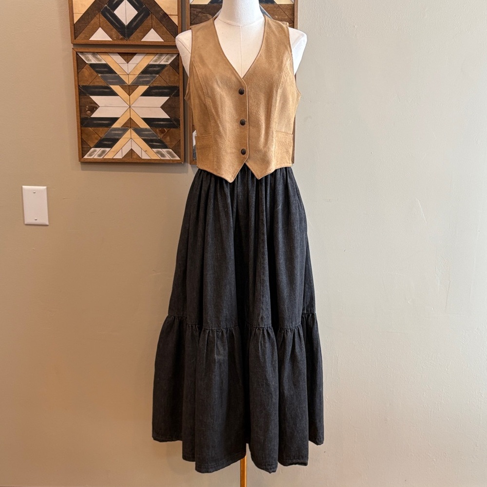 Vintage Ralph Lauren Blue Label 80s Black Denim Tiered Peasant Maxi Skirt sz 10 - Picture 11 of 16